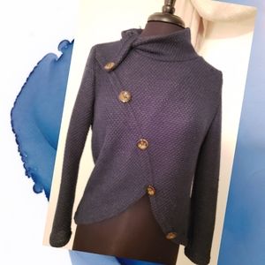 Faux Wrap Turtleneck Sweater w/ Button Accents